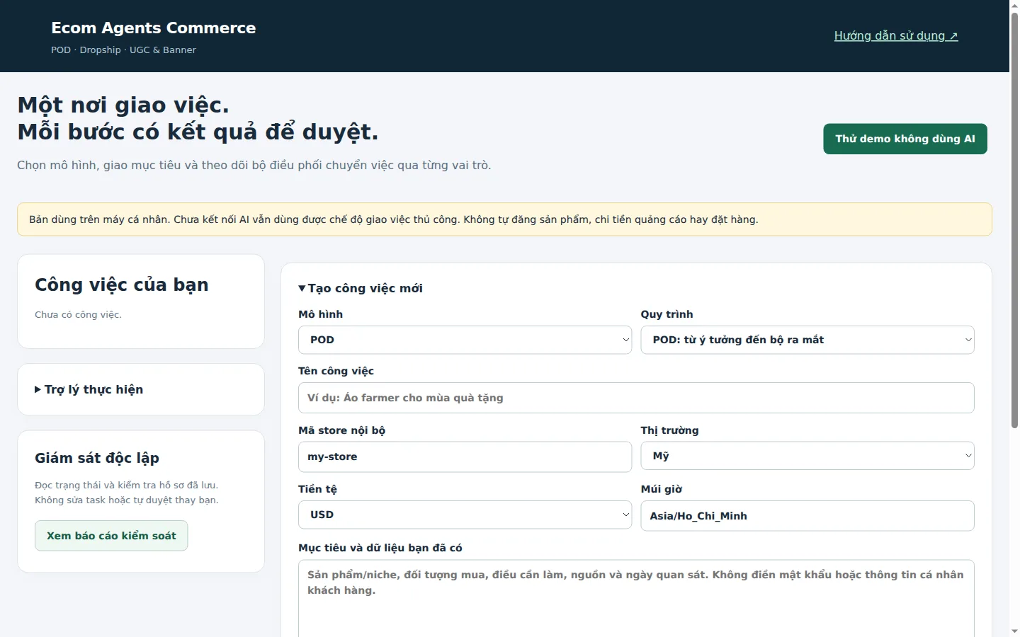 Màn hình tạo công việc mới: chọn POD hoặc Dropship, thị trường, tiền tệ